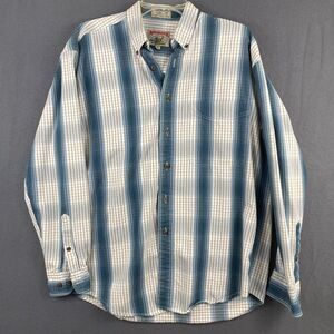 VTG Adirondack Denim Button Up Shirt Mens Medium Blue White Plaid Jean Outdoor
